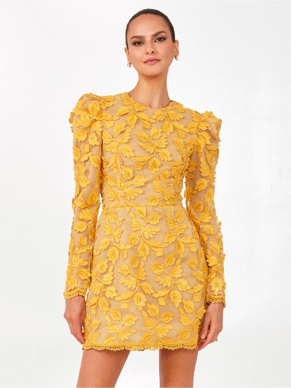 Yellow Floral Appliqué Long-Sleeve Mini Dress